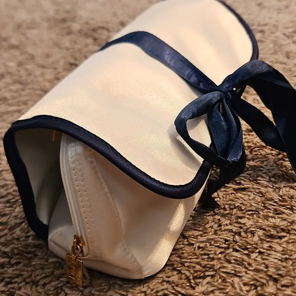 Dior Parfums Collapsible Cosmetic Bag – White & Navy Ribbon Travel Pouch